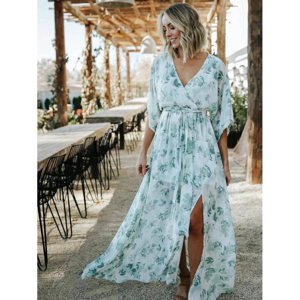 Baltic Born Esmeralda Maxi Dress Sage Floral Kimono Sleeve V-Neck XL